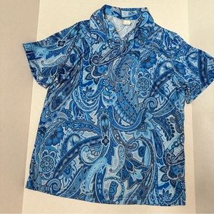 Haband Womens Sz Large Vintage Blue Paisley Boho Pointed Collar V-Neck 70’s Vibe